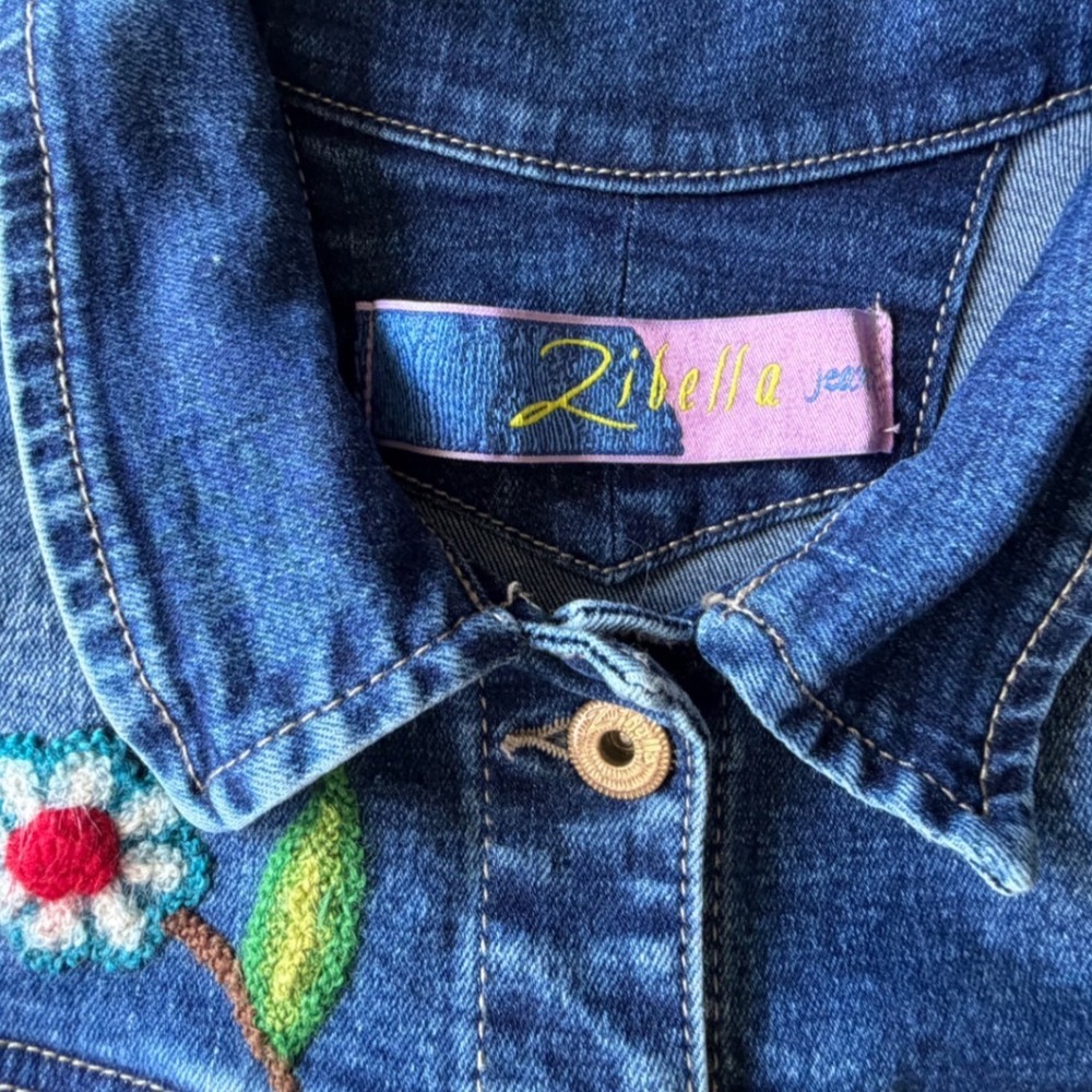 Zibella Jeans Embroidered Virgin Mary Denim Jacket Blue Lace Sleeve Women Medium - Picture 3 of 11